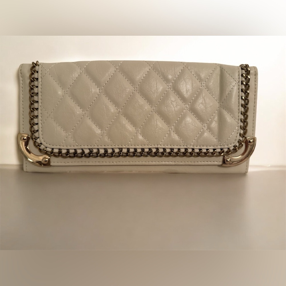 Charlotte Russe Wallet Quilted Cream Clutch Gold Chain Trim Envelope Flap